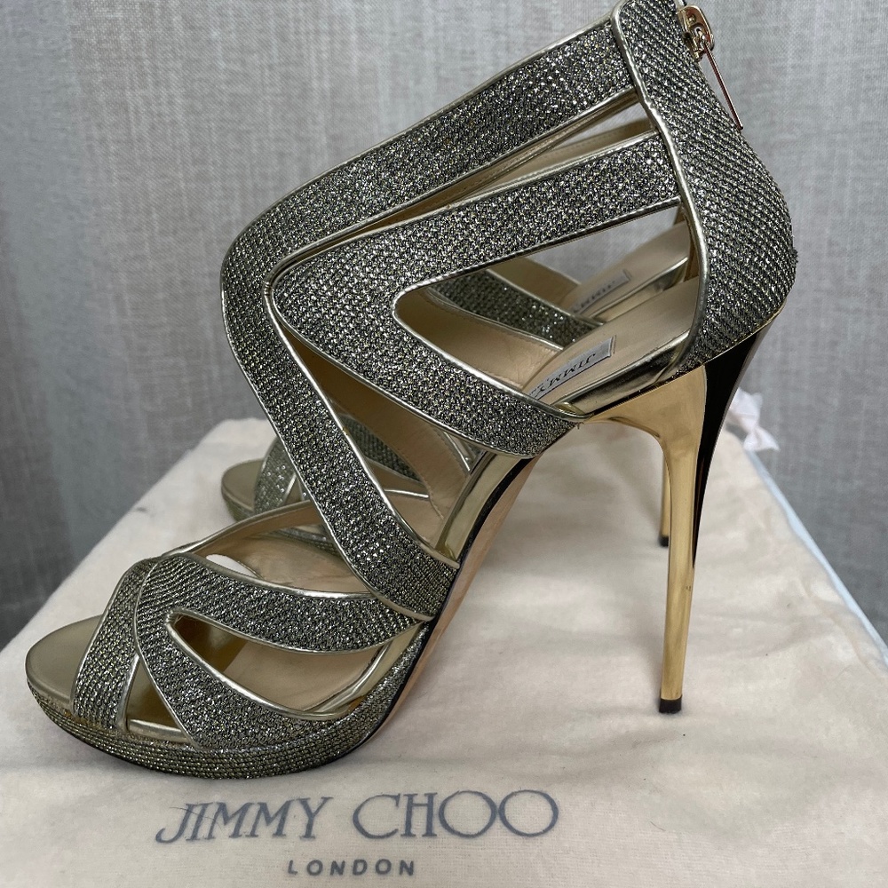 Jimmy Choo Lame Glitter Light Bronze High Heel Sandal